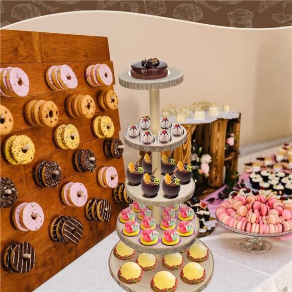 5 Tiered Rustic Wood Cupcake Stand, Detachable Large Slices Round - Picture 2 of 8